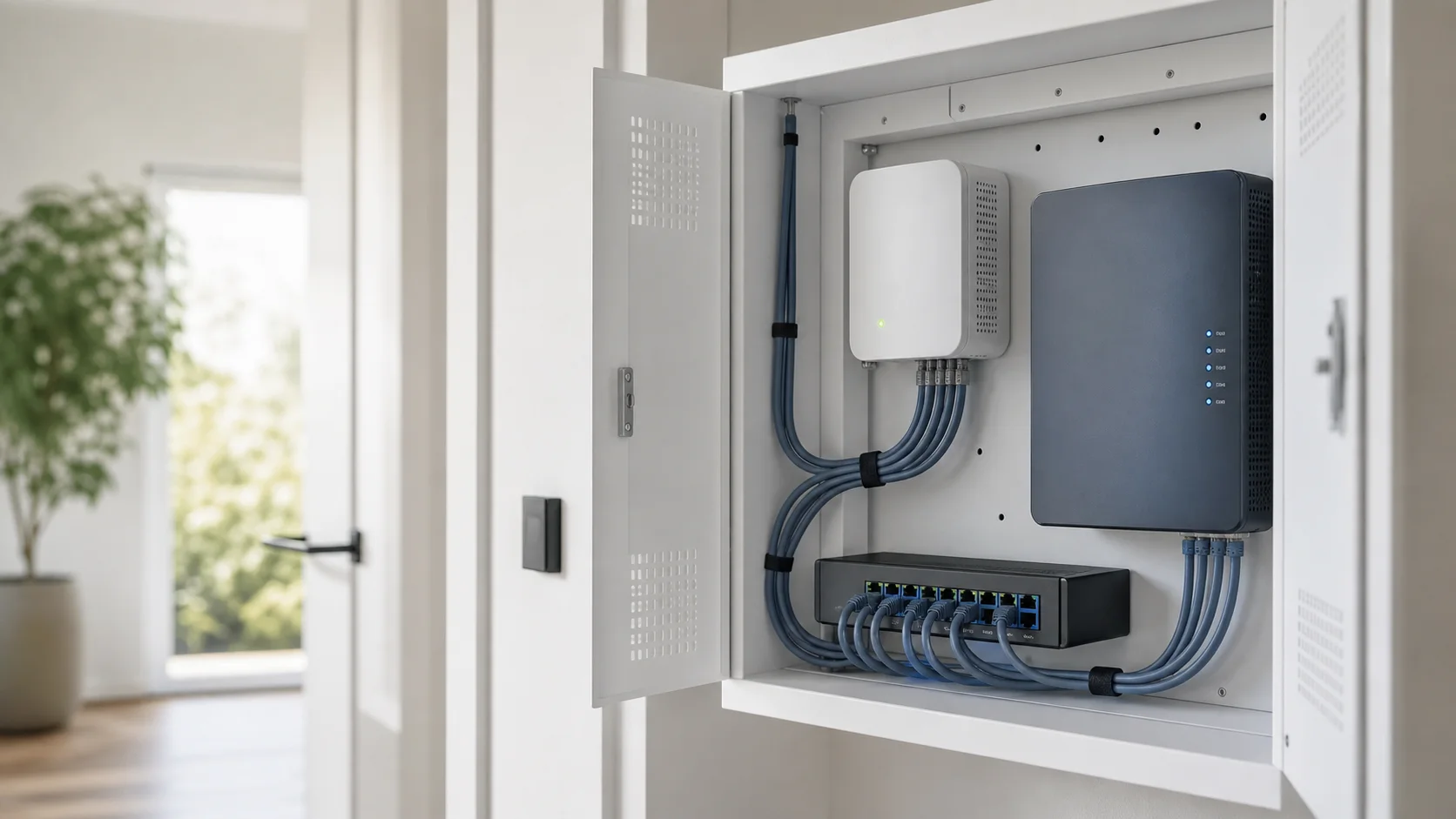 Glasfaserabschluss, Router und Switch in einem geordneten Verteilerbereich