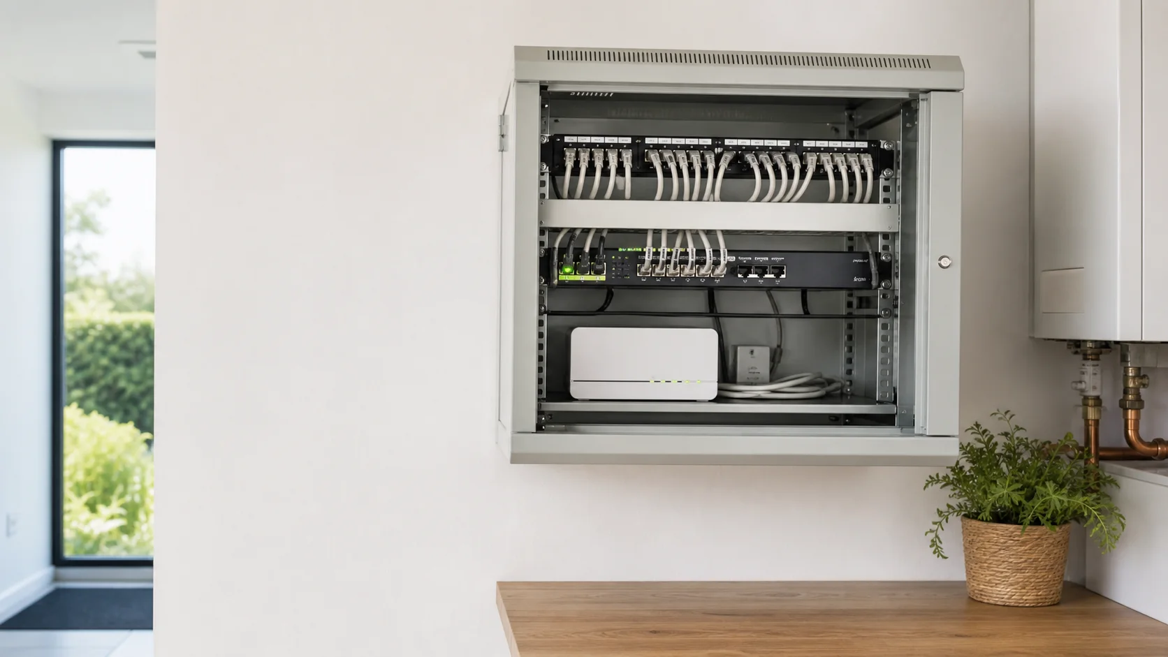 Schema eines Hauses mit Glasfaser, Netzwerkschrank, LAN-Dosen, Access Points, Garage und Garten